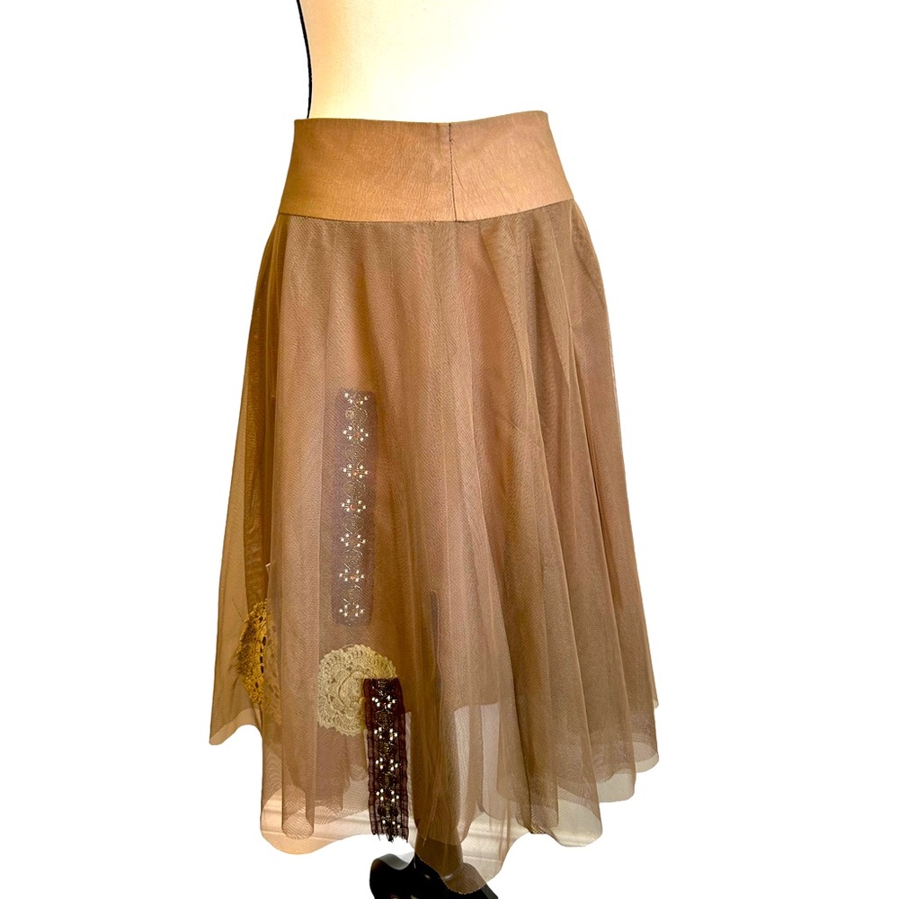 Vintage Carmel Chic Tulle Skirt with Beading and Embroidery Size. Small